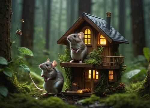 whimsical animals,house in the forest,fairy house,tree house,miniature house,little house,woodland animals,tree house hotel,white footed mice,home pet,squirrels,forest animals,dormouse,dolls houses,small house,mice,cute animals,vintage mice,treehouse,bird house,Photography,General,Fantasy