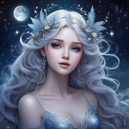 white rose snow queen,fantasy portrait,the snow queen,blue moon rose,moonflower,fairy queen,zodiac sign libra,faerie,luna,queen of the night,constellation unicorn,moonbeam,mystical portrait of a girl,fantasy art,elsa,faery,fantasy picture,fairy galaxy,ice queen,fairy tale character,Illustration,Realistic Fantasy,Realistic Fantasy 15