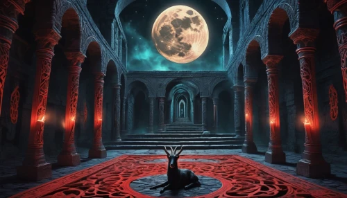 hall of the fallen,blood moon,mirror of souls,blood church,sepulchre,portal,the threshold of the house,threshold,blood moon eclipse,haunted cathedral,fantasia,fantasy picture,the mystical path,dracula,sanctuary,pilgrimage,mortuary temple,necropolis,lunar,place of pilgrimage,Illustration,Realistic Fantasy,Realistic Fantasy 39