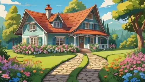 dandelion hall,little house,witch's house,studio ghibli,country house,summer cottage,country cottage,house painting,house in the forest,cottage,beautiful home,home landscape,clove garden,clover meadow,flower shop,lonely house,cottage garden,witch house,house silhouette,small house,Illustration,Japanese style,Japanese Style 07