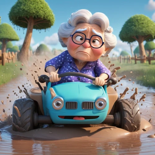 agnes,granny,grandma,cartoon car,planted car,toy's story,cute cartoon character,granny smith,elderly lady,tractor,grandmother,grama,girl and car,driving a car,car,senior citizen,farmer,3d car model,old woman,mud,Unique,3D,3D Character