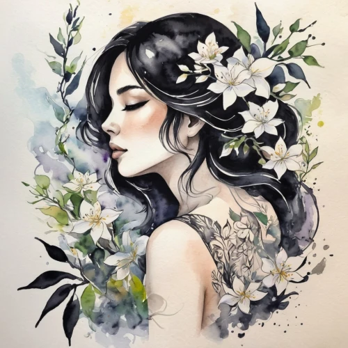 watercolor wreath,watercolor painting,scent of jasmine,watercolor floral background,jasmine blossom,girl in flowers,watercolor pin up,star magnolia,watercolor,watercolor flowers,watercolor background,watercolor paint,watercolour flowers,lotus art drawing,kahila garland-lily,magnolias,jasmin-solanum,flora,gardenia,watercolor pencils,Illustration,Paper based,Paper Based 25