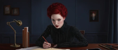girl studying,seamstress,dressmaker,fashion illustration,sci fiction illustration,book illustration,gothic portrait,illustrator,watchmaker,meticulous painting,victorian lady,red pen,businesswoman,writer,quill pen,business woman,gothic woman,writing-book,sewing notions,artist portrait,Conceptual Art,Daily,Daily 22