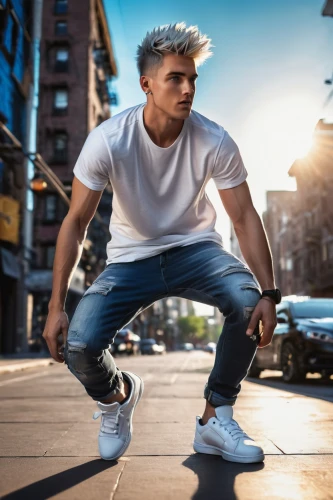 jeans background,skater,male model,street dancer,the style of the 80-ies,new york streets,white clothing,dj,roller skating,artistic roller skating,portrait photography,carpenter jeans,male poses for drawing,on the street,sneakers,a pedestrian,cool blonde,hip-hop dance,boy model,street sports,Illustration,Realistic Fantasy,Realistic Fantasy 45