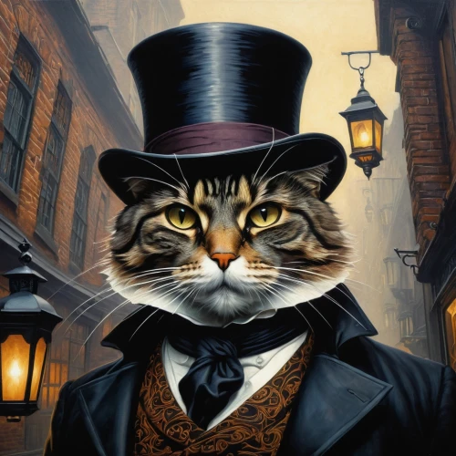 cat sparrow,aristocrat,top hat,cat image,alley cat,cat portrait,ringmaster,gentlemanly,vintage cat,whiskered,tabby cat,cartoon cat,tom cat,red whiskered bulbull,the cat,napoleon cat,street cat,figaro,magpie cat,breed cat,Illustration,Realistic Fantasy,Realistic Fantasy 03