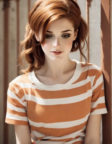 redhead doll,stripes,horizontal stripes,striped background,striped,red-haired,redhair,redheads,in a shirt,redheaded,cotton top,clary,girl in t-shirt,redhead,red hair,tee,red head,orange color,porcelain doll,stripe,Photography,Natural