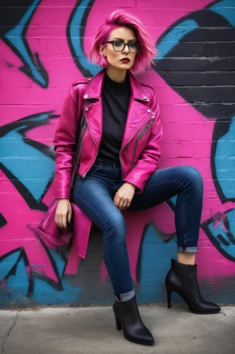 pink chair,pink background,pink glasses,pink hair,hot pink,punk,woman in menswear,blogger icon,bright pink,pink round frames,pink leather,dark pink in colour,silphie,pink double,pink shoes,pink vector,streampunk,brick wall background,leather jacket,rockabella,Conceptual Art,Daily,Daily 25