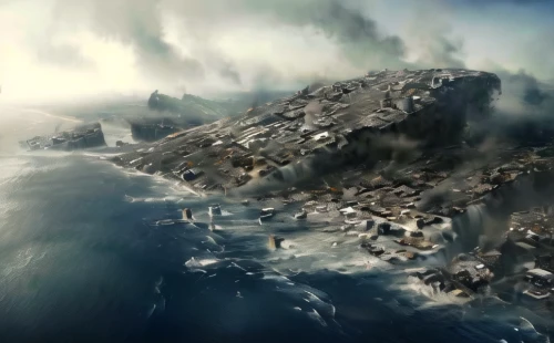 destroyed city,gunkanjima,post-apocalyptic landscape,kings landing,terraforming,imperial shores,the storm of the invasion,sea storm,an island far away landscape,hashima,the wreck of the ship,artificial island,ship wreck,ancient city,island of fyn,atlantis,bordafjordur,cube sea,floating islands,island of juist