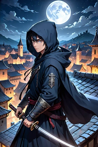 meteora,assassin,swordsman,hamearis lucina,cg artwork,merlin,night watch,game illustration,scythe,background images,dusk background,swordswoman,french digital background,hamelin,ren,black raven,king of the ravens,swordsmen,assassins,hooded man,Anime,Anime,General