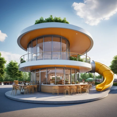 aschaffenburger,school design,crown render,fast food restaurant,3d rendering,futuristic architecture,a restaurant,eco hotel,modern architecture,drive in restaurant,flying saucer,sky space concept,ice cream shop,circular staircase,archidaily,round house,eco-construction,modern house,fine dining restaurant,restaurant bern,Photography,General,Realistic