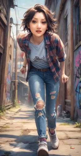 girl walking away,a pedestrian,children's background,world digital painting,jeans background,pedestrian,woman walking,girl in overalls,girl in a long,portrait background,anime cartoon,fashionable girl,cartoon video game background,creative background,anime 3d,little girl in wind,little girl running,walk,cute cartoon character,character animation,Photography,Realistic