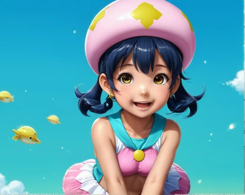 candy island girl,anime 3d,sonoda love live,cute cartoon character,beret,one-piece swimsuit,matsuno,japanese idol,pekapoo,kawaii,tan-tan,maya,melonpan,ako,honmei choco,sailor,bonbon,kawaii people swimming,japanese kawaii,blu,Illustration,Japanese style,Japanese Style 01