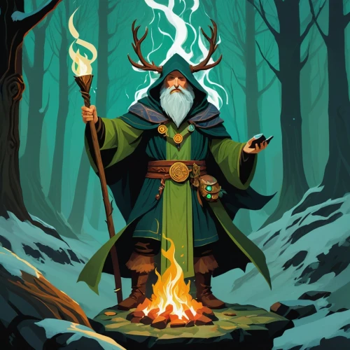 druid,woodsman,druids,druid grove,glowing antlers,forest man,summoner,dodge warlock,mage,wizard,magus,vector illustration,the wizard,wood elf,fire master,cauldron,candlemaker,game illustration,flickering flame,elven,Illustration,Vector,Vector 08