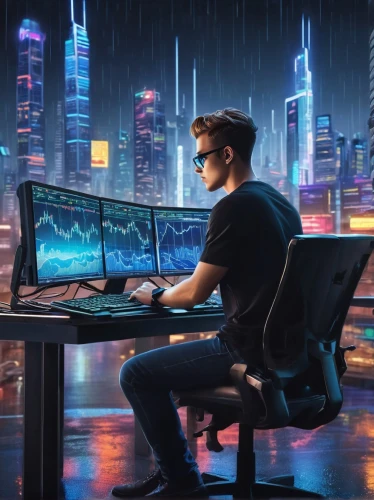 cyberpunk,man with a computer,cyber glasses,world digital painting,computer workstation,cyber crime,game illustration,blur office background,computer desk,night administrator,crypto mining,the computer screen,cyber,computer business,the fan's background,computer screen,trading floor,advisors,developer,sci fiction illustration,Conceptual Art,Sci-Fi,Sci-Fi 06