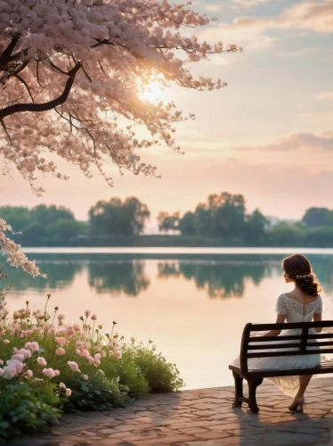 park bench,man on a bench,the cherry blossoms,outdoor bench,romantic scene,bench,wooden bench,garden bench,springtime background,cherry blossoms,sit and wait,japanese sakura background,spring morning,spring background,idyll,landscape background,tranquility,girl sitting,peacefulness,peaceful,Illustration,Black and White,Black and White 31