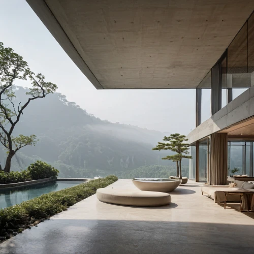 dunes house,house in mountains,roof landscape,house in the mountains,exposed concrete,asian architecture,concrete slabs,house by the water,luxury property,beautiful home,zen garden,modern architecture,infinity swimming pool,corten steel,concrete ceiling,outdoor table,outdoor table and chairs,home landscape,window covering,modern house