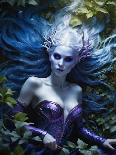 blue enchantress,violet head elf,faerie,fantasy portrait,fae,fantasy picture,faery,dark elf,fantasy art,rusalka,the enchantress,dryad,violet,la violetta,fantasy woman,merfolk,elven flower,siren,mystical portrait of a girl,water nymph,Conceptual Art,Fantasy,Fantasy 05