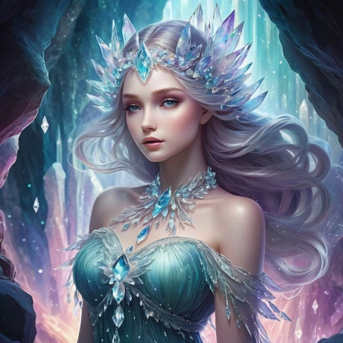 ice queen,the snow queen,elsa,fantasy portrait,white rose snow queen,fantasy art,blue enchantress,mermaid background,ice princess,fairy queen,fantasy picture,faery,faerie,mermaid vectors,elven,fantasy woman,the enchantress,merfolk,crystalline,violet head elf,Illustration,Realistic Fantasy,Realistic Fantasy 15