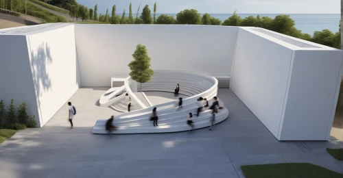futuristic art museum,amphitheater,archidaily,moveable bridge,3d rendering,cubic house,basketball court,school design,amphitheatre,holocaust memorial,cube stilt houses,roof terrace,sky space concept,soumaya museum,dunes house,cube house,mirror house,will free enclosure,theater stage,outdoor structure,Photography,General,Realistic