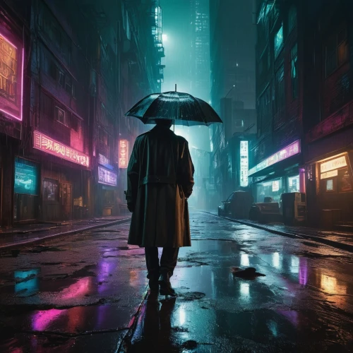 cyberpunk,man with umbrella,walking in the rain,hong kong,shanghai,blue rain,pedestrian,cinematic,dystopian,raindops,vapor,tokyo,shinjuku,hk,hd wallpaper,world digital painting,wanderer,monsoon,urban,metropolis,Photography,Black and white photography,Black and White Photography 03