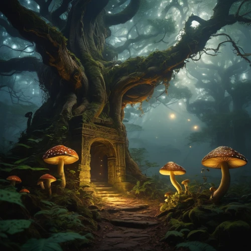 mushroom landscape,fairy forest,mushroom island,fairy village,fairy house,enchanted forest,forest mushrooms,fairytale forest,forest mushroom,tree mushroom,fairy world,mushrooms,toadstools,fairy chimney,fantasy landscape,brown mushrooms,house in the forest,umbrella mushrooms,fantasy picture,elven forest,Illustration,Realistic Fantasy,Realistic Fantasy 08