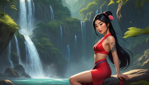 mulan,oriental princess,oriental girl,waterfall,world digital painting,water fall,water lotus,oriental,geisha,digital painting,chinese background,water falls,jasmine,chinese art,asia,ilse falls,wasserfall,waterfalls,game illustration,asian woman,Conceptual Art,Fantasy,Fantasy 17