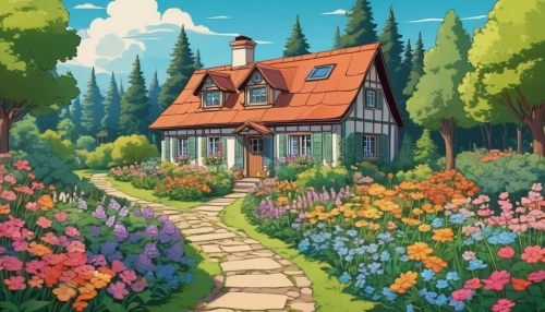 studio ghibli,summer cottage,house in the forest,cottage,little house,home landscape,dandelion hall,cottage garden,witch's house,country cottage,clover meadow,beautiful home,meadow in pastel,flower shop,country house,flower garden,small house,fairy village,clove garden,house painting,Illustration,Japanese style,Japanese Style 07