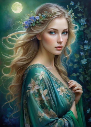 faery,faerie,mystical portrait of a girl,fantasy portrait,celtic woman,fairy queen,fantasy art,jessamine,elven flower,beautiful girl with flowers,fantasy picture,the enchantress,fairy tale character,romantic portrait,moonflower,girl in flowers,fae,celtic queen,blue moon rose,dryad,Illustration,Realistic Fantasy,Realistic Fantasy 30