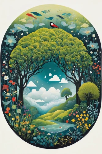 mushroom landscape,circular puzzle,mirror in the meadow,porthole,little planet,circle around tree,shirakami-sanchi,round autumn frame,round window,cartoon forest,studio ghibli,mother earth,forest landscape,fairy world,round frame,khokhloma painting,tree grove,a circle,glass painting,small planet,Illustration,Abstract Fantasy,Abstract Fantasy 03