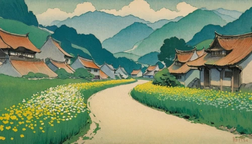 the valley of flowers,alpine pastures,alpine village,travel poster,mountain village,escher village,cool woodblock images,village scene,yamada's rice fields,meteora,dongfang meiren,rural landscape,shirakawa-go,tommie crocus,korean folk village,japanese alps,khokhloma painting,yunnan,gobelin,in the early summer,Illustration,Japanese style,Japanese Style 21