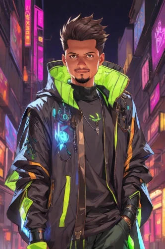 high-visibility clothing,jacket,cyberpunk,electro,neon,green jacket,cyber,neon human resources,spotify icon,windbreaker,android inspired,neon colors,tracksuit,wiz,wasabi,would a background,abel,rein,cg artwork,tracer,Digital Art,Anime