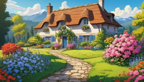 home landscape,summer cottage,country cottage,little house,cottage,small house,lonely house,houses clipart,house painting,house in mountains,witch's house,beautiful home,roof landscape,house in the forest,springtime background,house in the mountains,country house,studio ghibli,traditional house,landscape background,Illustration,Japanese style,Japanese Style 07