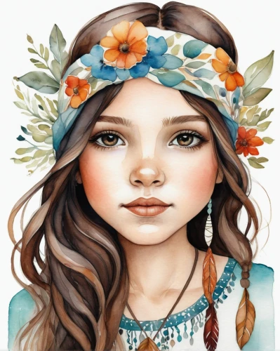 boho art,boho,watercolor women accessory,flower crown,girl in a wreath,bohemian,girl in flowers,beautiful girl with flowers,watercolor wreath,girl portrait,floral wreath,boho background,flower hat,headdress,feather headdress,mystical portrait of a girl,native american,polynesian girl,fantasy portrait,indian headdress,Conceptual Art,Daily,Daily 34