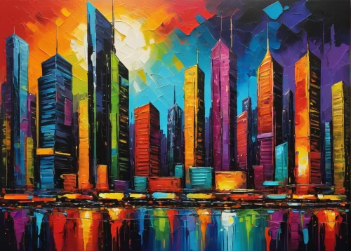 cityscape,colorful city,city skyline,skyscrapers,metropolis,chicago skyline,city blocks,city cities,city scape,abstract painting,cities,oil painting on canvas,new york skyline,urban towers,art painting,painting technique,fireworks art,skyscraper,the city,metropolises,Illustration,Paper based,Paper Based 17