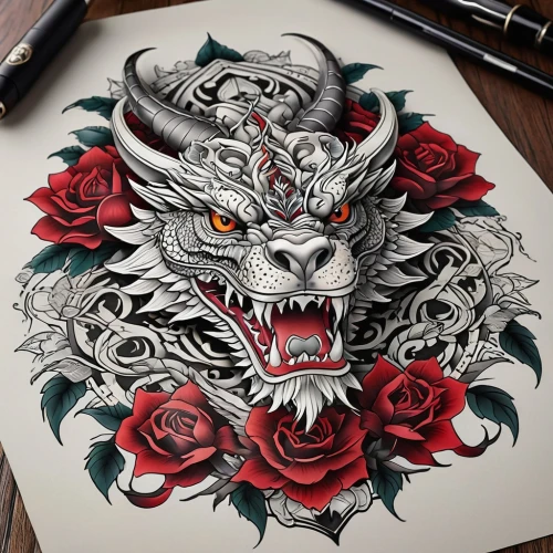 rose flower illustration,tribal bull,barong,dragon design,chinese dragon,rose flower drawing,rose drawing,skull drawing,vector illustration,hand-drawn illustration,painted dragon,dragon,taurus,zodiac sign leo,lion head,vector graphic,dribbble,mandala flower illustration,fire red eyes,vector design,Photography,General,Realistic