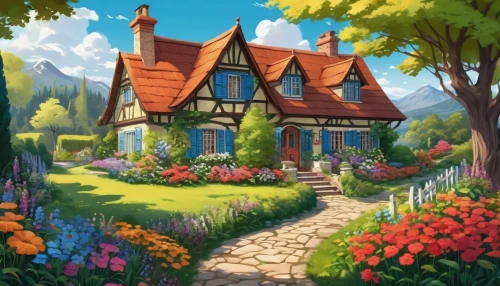 home landscape,cottage garden,summer cottage,country cottage,fairy tale castle,witch's house,houses clipart,cottage,country house,house in the forest,fairy village,country estate,studio ghibli,dandelion hall,beautiful home,little house,house painting,knight village,fairytale castle,aurora village,Illustration,Japanese style,Japanese Style 07