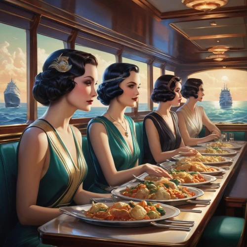 breakfast on board of the iron,retro diner,ocean liner,art deco woman,diner,china southern airlines,art deco,troopship,passengers,tour to the sirens,sea fantasy,stewardess,queen mary 2,fine dining restaurant,1940 women,ship travel,cruise ship,at sea,sailors,50's style,Conceptual Art,Fantasy,Fantasy 03