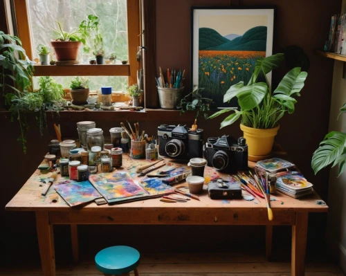 the living room of a photographer,workspace,summer flat lay,house plants,plants in pots,clutter,plant community,work space,ikebana,flat lay,work table,working space,vintage botanical,workbench,still life,houseplant,nest workshop,still life photography,windowsill,still life of spring,Art,Artistic Painting,Artistic Painting 30