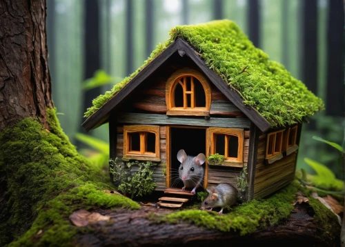 miniature house,house in the forest,fairy house,tree house,little house,small house,fairy door,dog house,whimsical animals,bird house,wood doghouse,woodland animals,small cabin,tree house hotel,dolls houses,birdhouse,forest animals,treehouse,home landscape,wooden house,Illustration,Abstract Fantasy,Abstract Fantasy 07