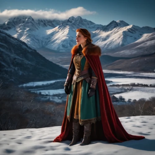 the snow queen,heroic fantasy,suit of the snow maiden,norse,glory of the snow,merida,biblical narrative characters,the spirit of the mountains,imperial coat,swath,princess anna,fantasy woman,mountain vesper,red cape,winterblueher,eternal snow,digital compositing,mulan,elven,cloak