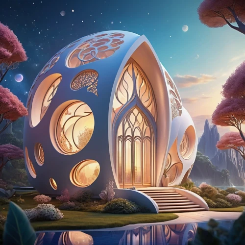 cubic house,cube house,fairy house,mushroom landscape,fantasy landscape,3d fantasy,musical dome,fairy tale castle,fairy world,fantasy picture,tree house,fantasy world,beautiful home,house in the forest,utopian,futuristic landscape,mushroom island,tree house hotel,futuristic architecture,dandelion hall,Illustration,Realistic Fantasy,Realistic Fantasy 01