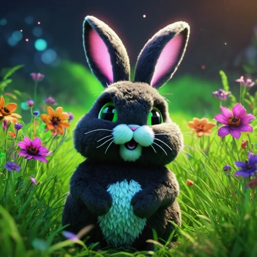 bunny on flower,easter background,bunny,little bunny,easter theme,easter bunny,little rabbit,spring background,deco bunny,rabbit,springtime background,rainbow rabbit,brown rabbit,flower background,easter rabbits,cute cartoon character,no ear bunny,easter banner,european rabbit,easter festival,Illustration,Realistic Fantasy,Realistic Fantasy 46