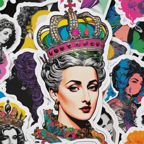 popart,pop art style,pop art woman,crown icons,cool pop art,queen crown,girl-in-pop-art,queen s,pop art girl,stickers,crowns,effect pop art,pop art people,miss circassian,monarchy,pop art,queen,modern pop art,fashion illustration,princess crown,Unique,Design,Sticker