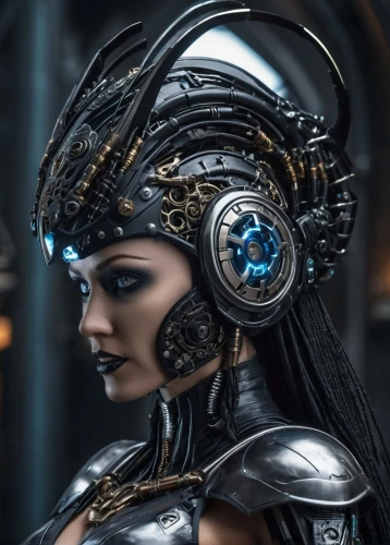 cyborg,head woman,wearables,alien warrior,fantasy woman,sci fi,cybernetics,the enchantress,female warrior,dark elf,steampunk,valerian,scifi,biomechanical,headpiece,breastplate,symetra,motorcycle helmet,warrior woman,blue enchantress,Conceptual Art,Sci-Fi,Sci-Fi 09