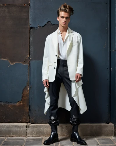 frock coat,white boots,leather boots,male model,overcoat,trench coat,white coat,menswear,men's wear,nicholas boots,leather,david bowie,long coat,white clothing,steel-toed boots,coat,old coat,boys fashion,george russell,suit trousers,Photography,General,Fantasy