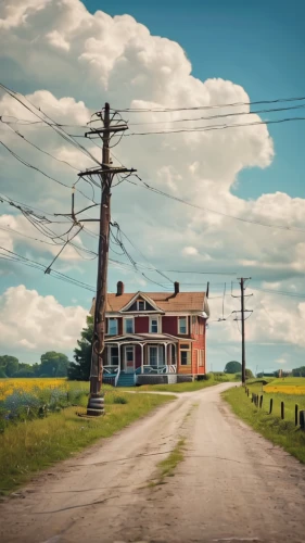 lonely house,home landscape,rural landscape,house insurance,rural style,country house,homestead,old home,country cable,country road,rural,abandoned house,country cottage,country side,farm house,old house,digital compositing,left house,the road,electric cable,Photography,General,Cinematic