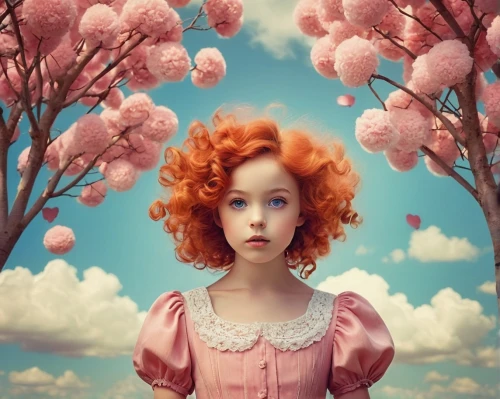 redhead doll,girl with tree,mystical portrait of a girl,peach tree,girl in flowers,wonderland,fairy tale character,fantasy portrait,linden blossom,flower fairy,vintage doll,red-haired,fantasy picture,little girl fairy,peach rose,sky rose,eglantine,ginger blossom,little girl in pink dress,peach flower,Photography,Artistic Photography,Artistic Photography 14
