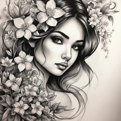 girl in flowers,pencil drawings,pencil drawing,jasmine blossom,beautiful girl with flowers,charcoal pencil,boho art,hydrangea,lotus art drawing,charcoal drawing,floral wreath,rose flower illustration,flora,flower drawing,girl in a wreath,fashion illustration,rose flower drawing,graphite,hydrangeas,flower girl,Illustration,Paper based,Paper Based 04