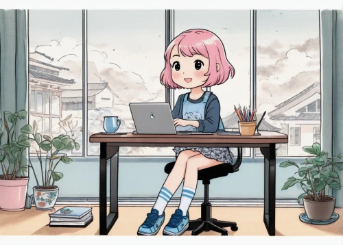 girl studying,classroom,study room,girl sitting,tea and books,desk,sitting on a chair,watercolor tea shop,girl at the computer,watercolor cafe,window sill,tea zen,sitting,office desk,coffee shop,sakura background,gyokuro,writer,office worker,working space,Illustration,Paper based,Paper Based 30