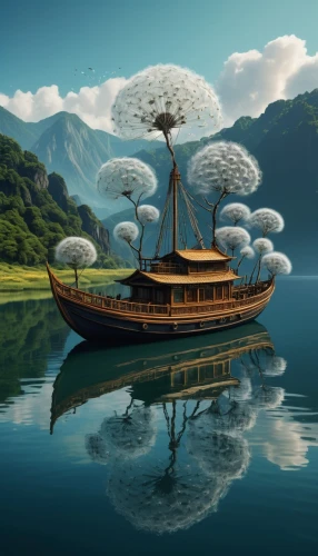 floating island,floating islands,boat landscape,fantasy picture,caravel,fantasy landscape,sea fantasy,floating over lake,fishing float,world digital painting,viking ship,pineapple boat,mushroom island,houseboat,floating huts,crane vessel (floating),artificial islands,an island far away landscape,sea sailing ship,long-tail boat,Illustration,Japanese style,Japanese Style 05